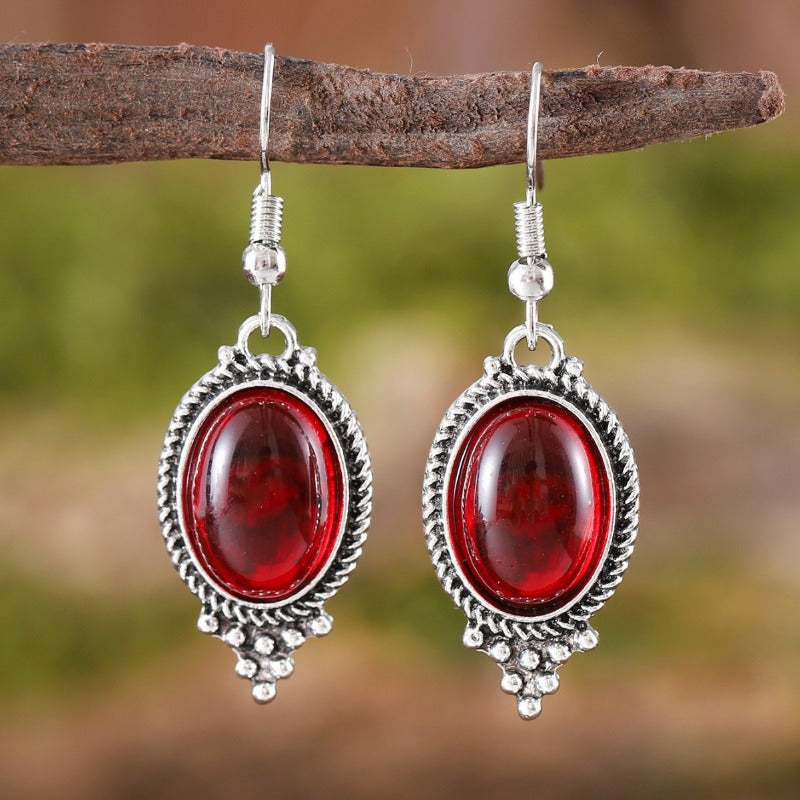 Wholesale Vintage Exquisite Cameo Inlaid Ruby Oval Glass Pendant Fashion Earrings Necklace Set